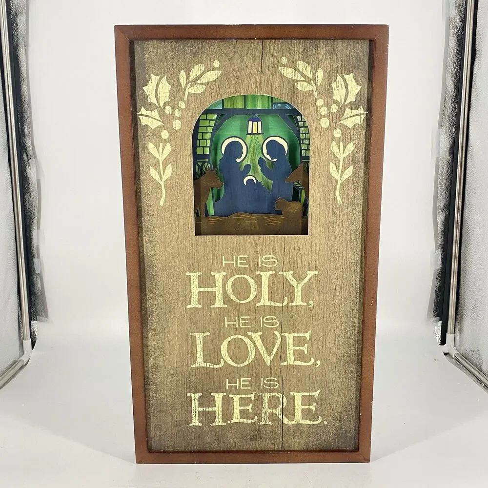 Hallmark Lighted Nativity Christmas Wall Plaque Sign 20.75” He Is Holy Love Here